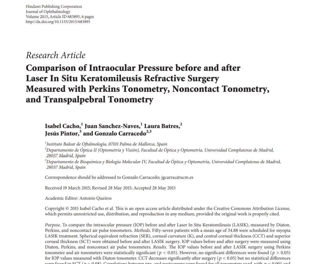 Transpalpebral Diaton Tonometer Clinical Study IOP Results post LASIK
