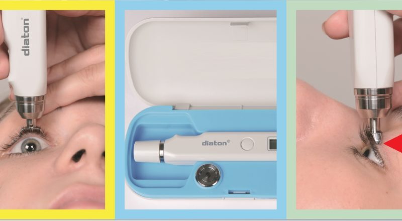 Diaton Tonometer measures IOP trhough eyelid and with lenses, contacts and scleral lenses and wearable devices on the eye.